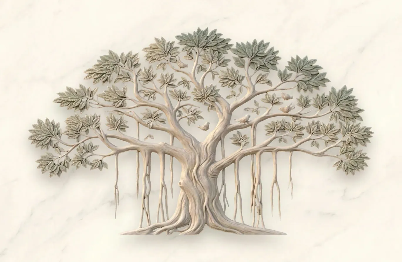 A banyan tree with hanging roots rendered as marble relief