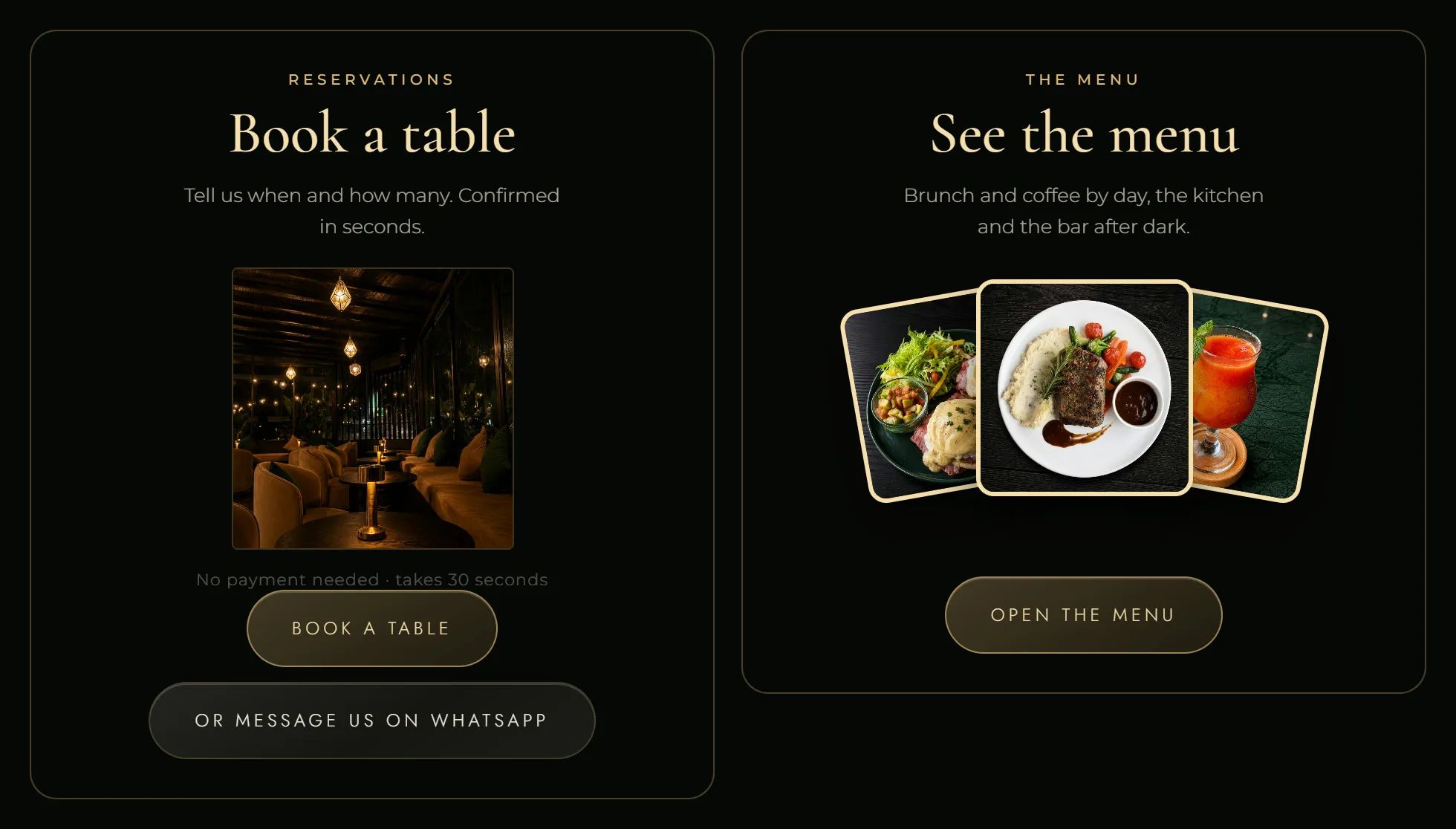 A Book a table card and a See the menu card with three tilted food photos