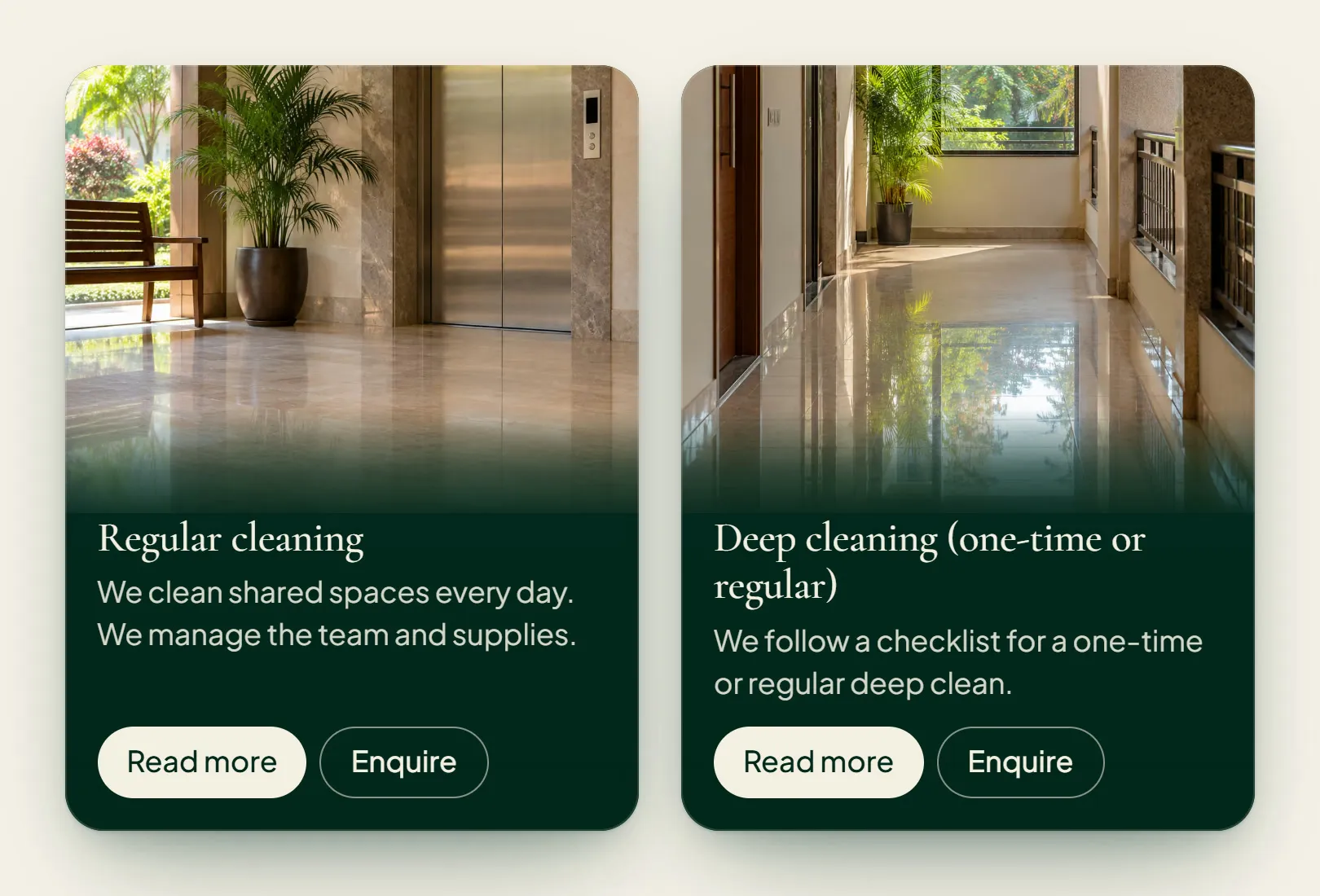 Two green service cards with photos of a clean lobby and a polished corridor