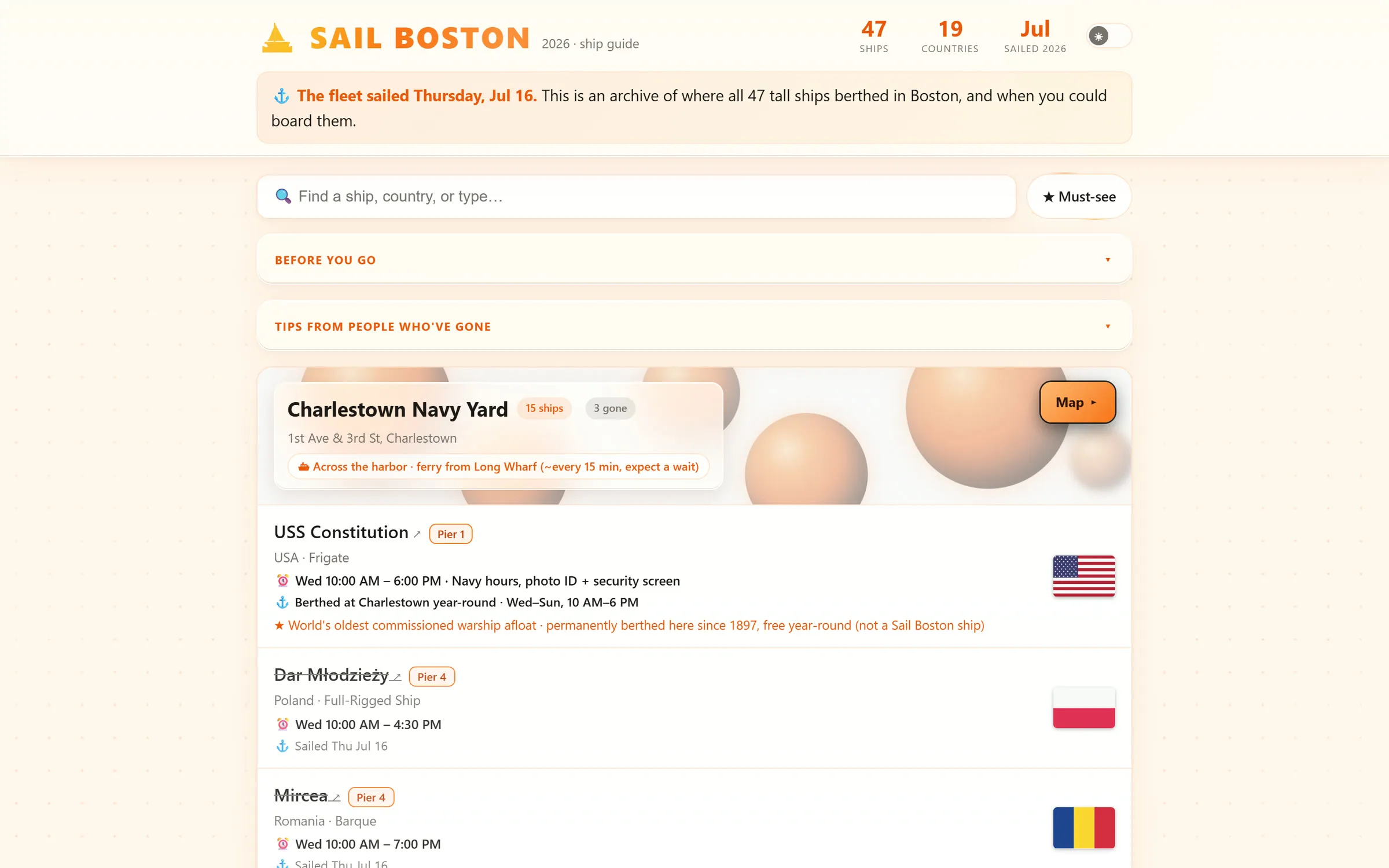 The Sail Boston guide in a light cream theme with orange accents