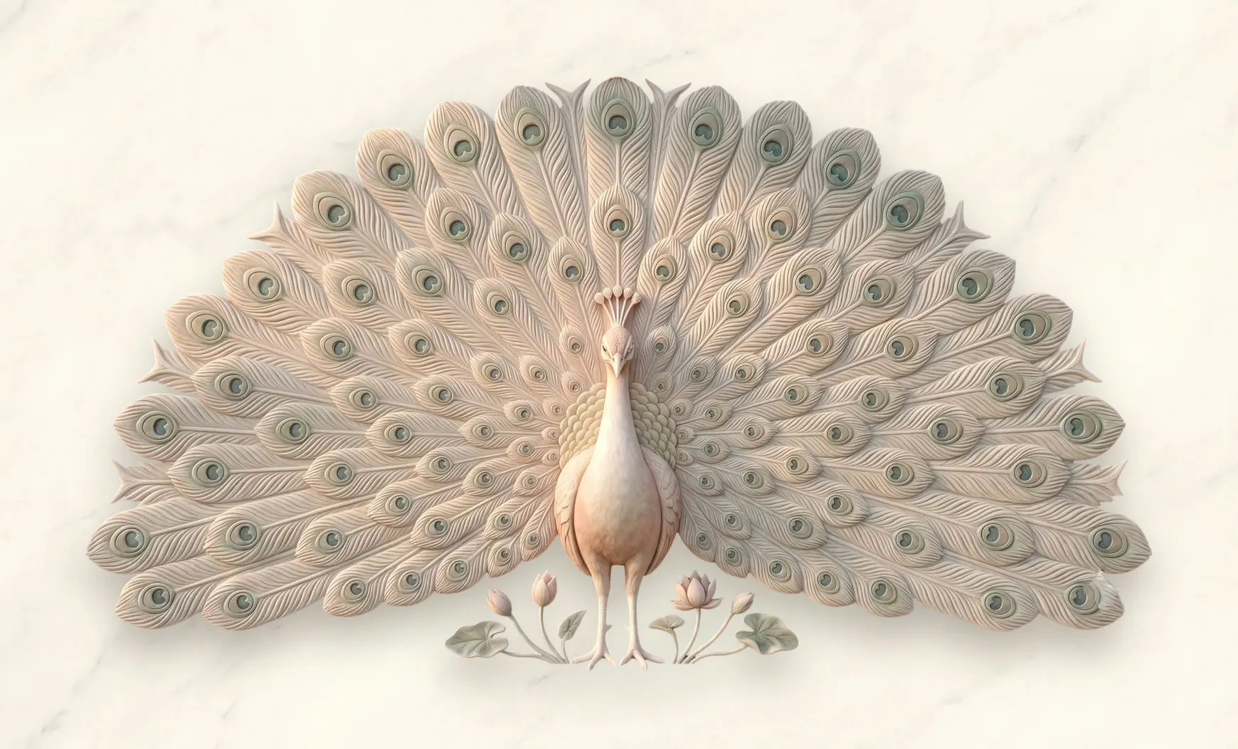 A peacock with a fanned tail rendered as marble relief