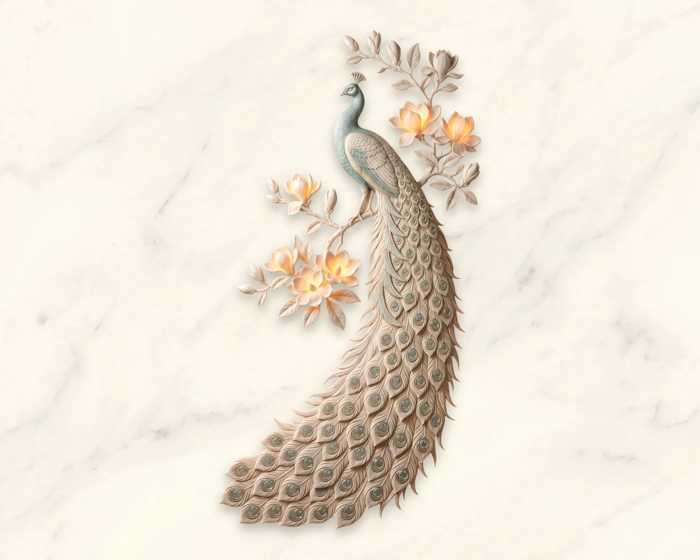 A long-tailed peacock on a flowering branch rendered as marble relief