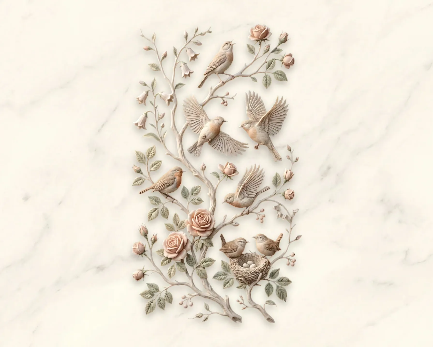 Birds in flight and perched on a rose branch above a nest, rendered as marble relief